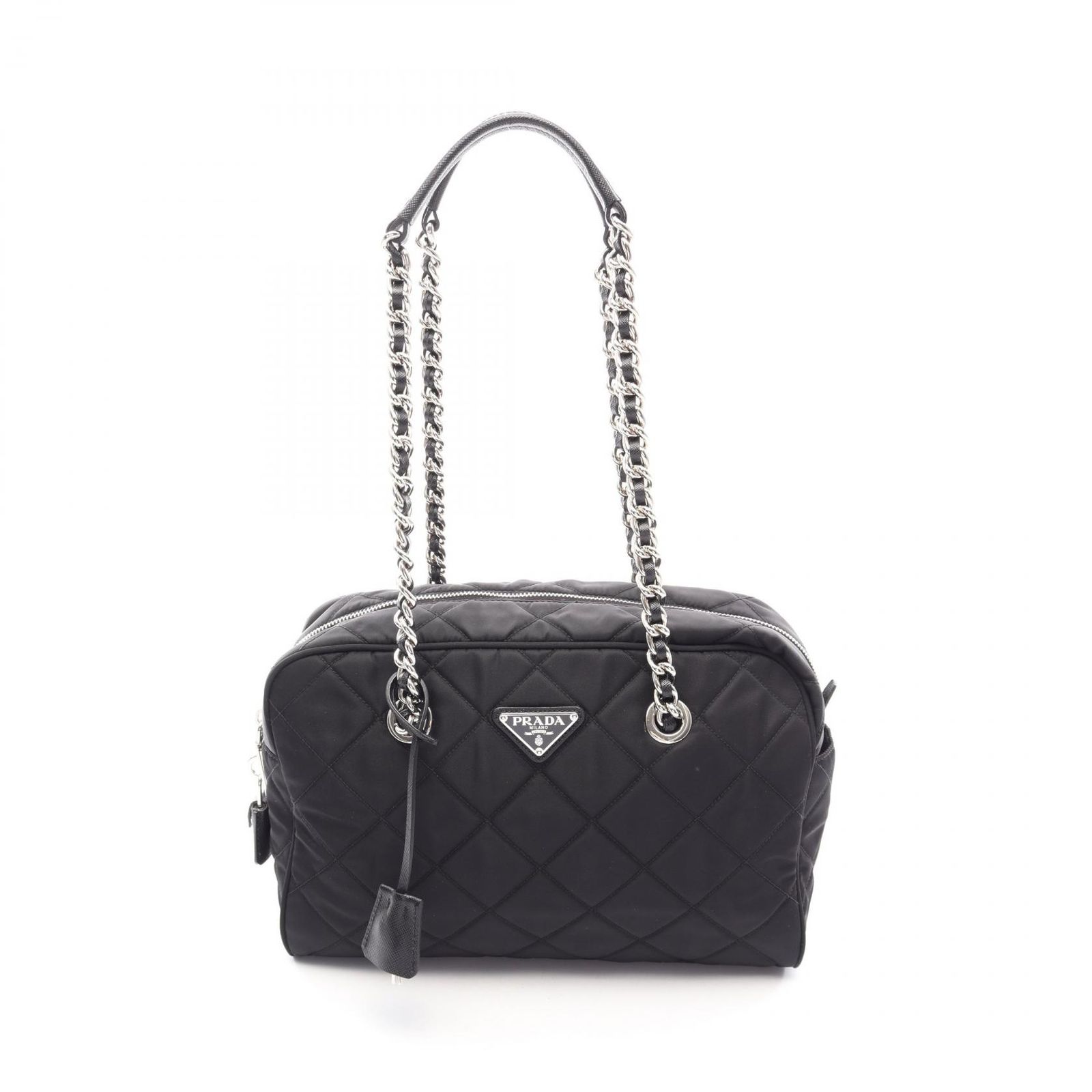 プラダ PRADA ショルダーバッグ TESSUTO IMPUNTU 1BB903 ブラック ナイロン サフィアーノレザー トライアングルロゴ キルティング チェーントート レディース Used A
