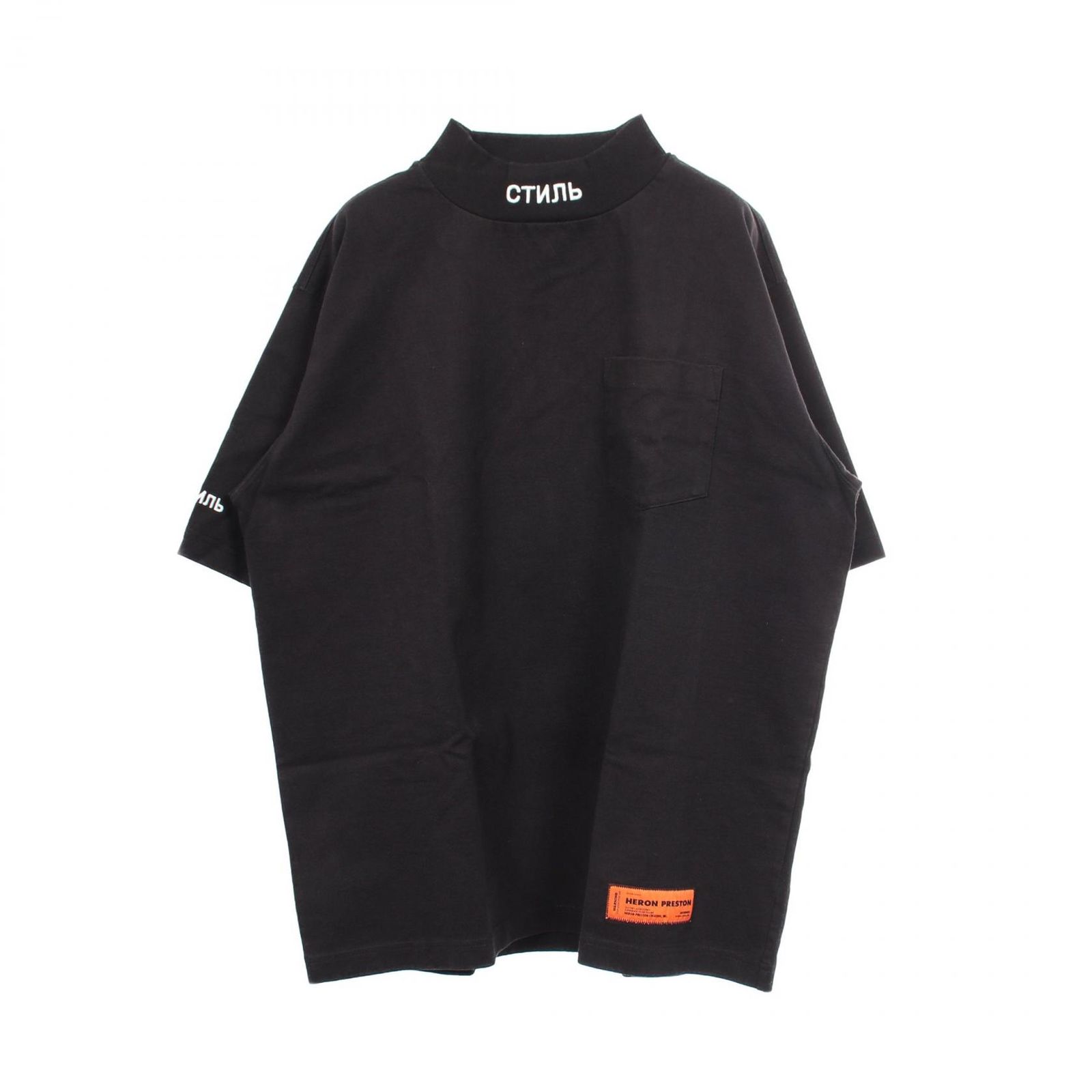 ヘロンプレストン HERON PRESTON 半袖Tシャツ モックネック 刺繍 ブラック コットン カットソー メンズ Used A