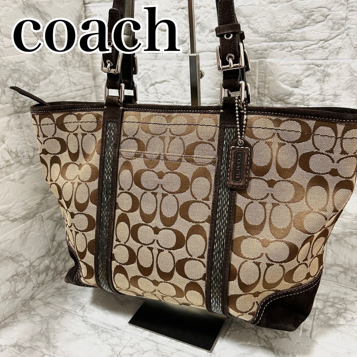 COACH ビーデッドトート シグネチャー ブラウン キャンバスレザー × スエード コーチ トートバッグ 肩掛け ハンドバッグ