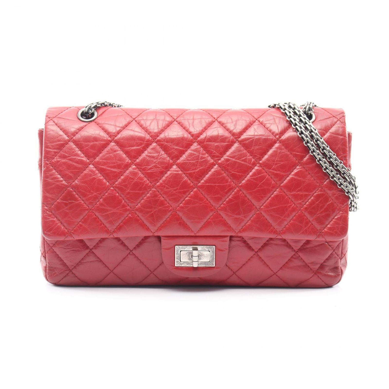 シャネル CHANEL ショルダーバッグ 2.55 マトラッセ マキシ Wフラップ アンティークシルバー金具 レッド カーフ（牛革） 2.55 デカマトラッセ チェーンショルダー
