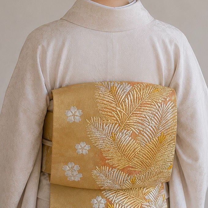 K052 美品 袋帯 六通 西陣織 羊歯文様 桜 金箔 金糸 銀糸 フォーマル
