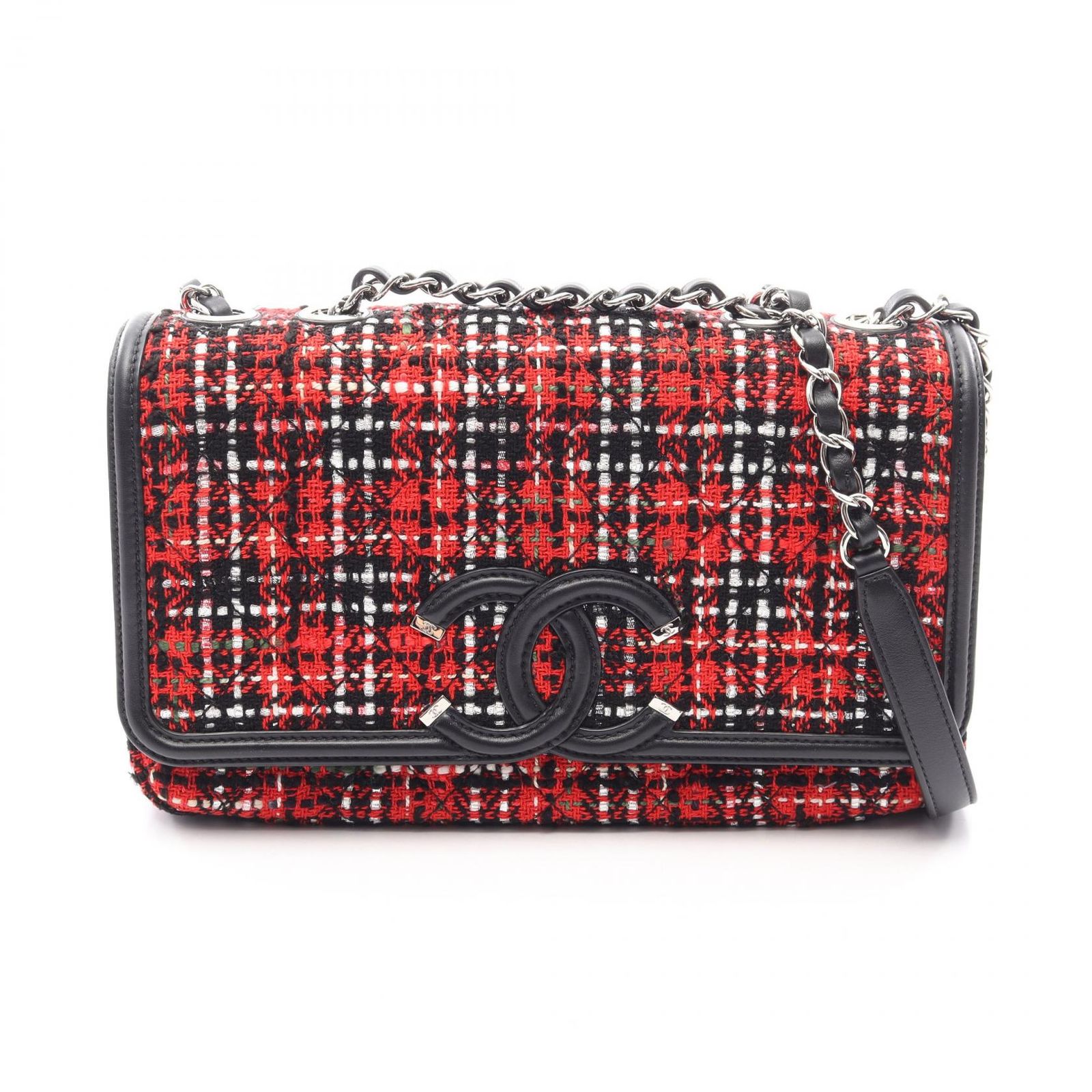 シャネル CHANEL ショルダーバッグ CCフィリグリー レッド/ブラック ファブリック レザー CCフィリグリー マトラッセ チェーンショルダー レディース Used A