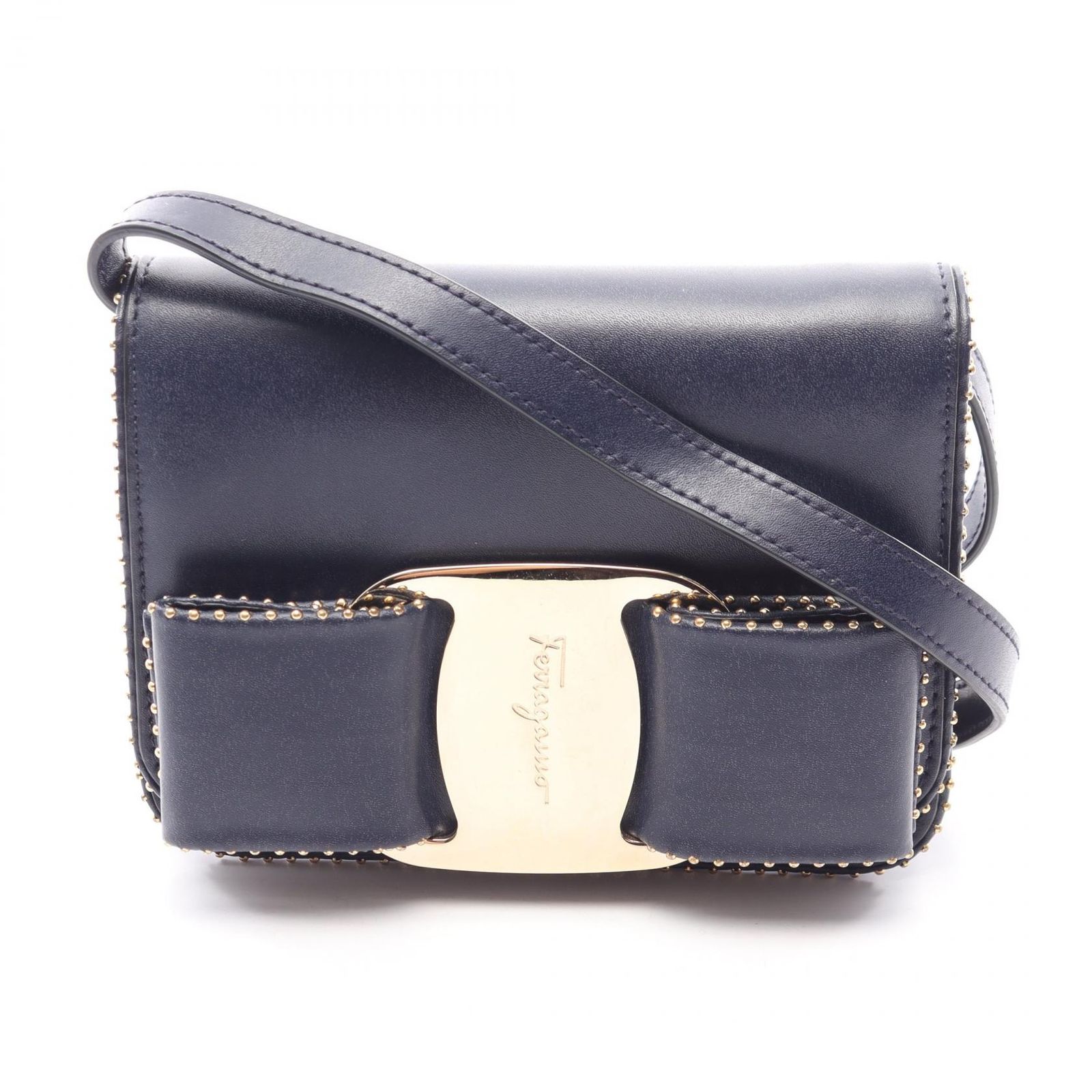 サルヴァトーレフェラガモ Salvatore Ferragamo ショルダーバッグ ヴァラリボン ミニ ネイビー レザー ヴァラリボン ミニ ショルダーバッグ レディース Used A