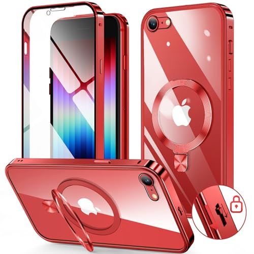 【新品】HGUTREY【スタンド機能付き・アクションボタン】 iPhone SE3 用 ケース 第3世代 2022 iPhone SE2 カバー 第2世代 クリア ロック付き【CDリング・MagSafe対応】 9H強化ガラス PC背面 両面 8c659d98