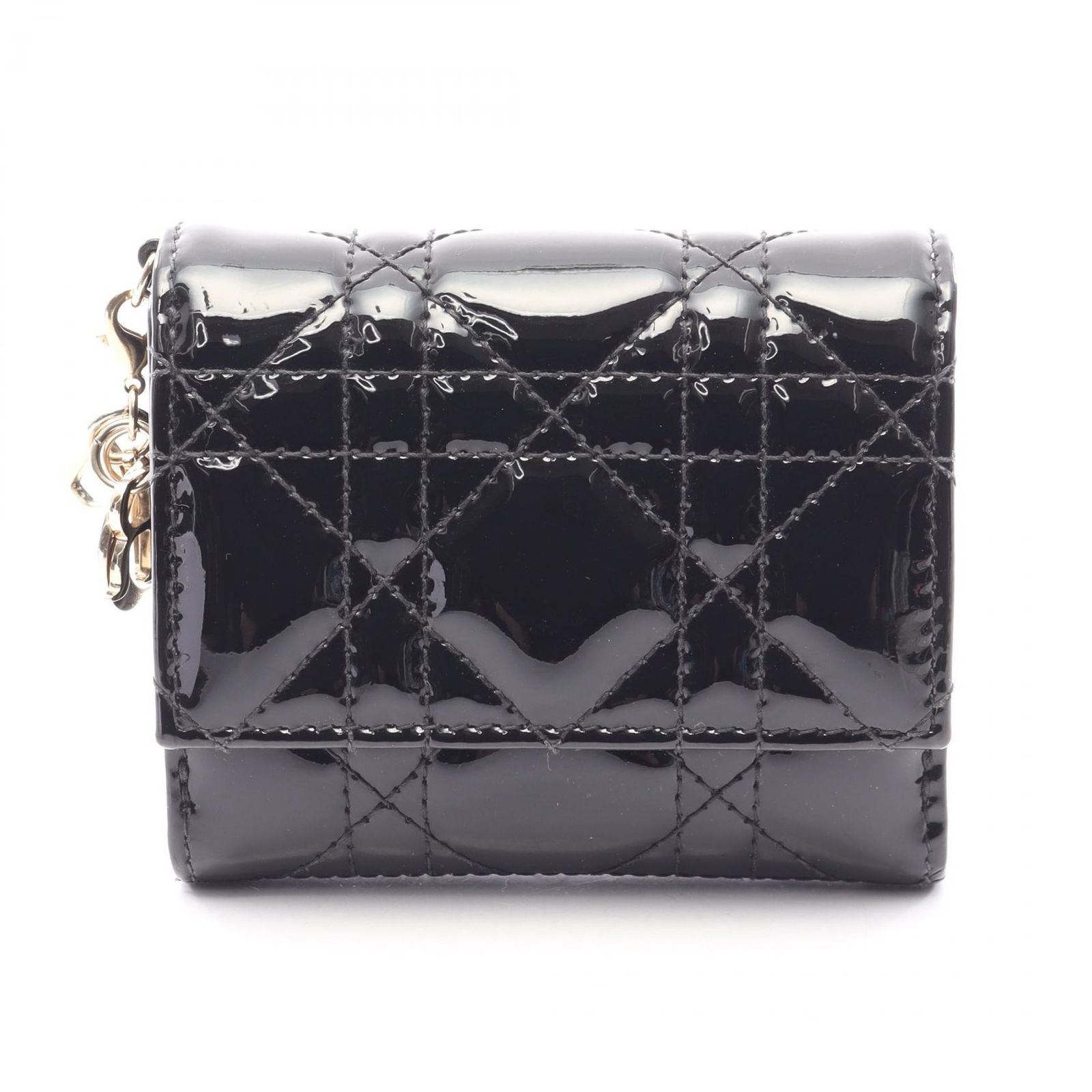 ディオール Dior 三つ折り財布 LADY DIOR ロータスウォレット S0181OVRB_M900 ブラック パテントレザー Lady Dior Lotus ウォレット レディース Used A