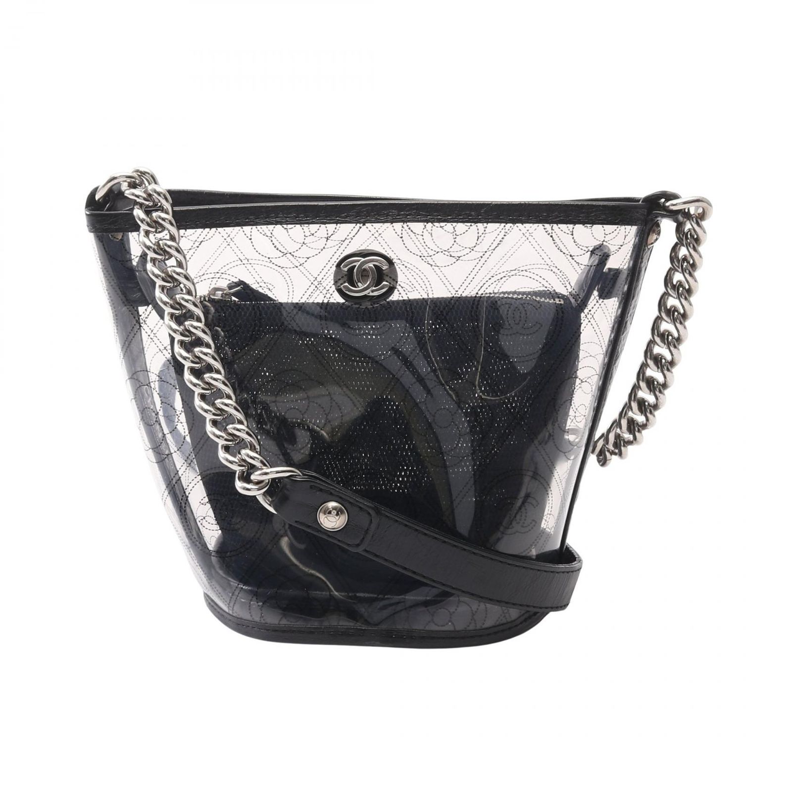 シャネル CHANEL ショルダーバッグ カメリア クリア/ブラック ビニール レザー ココマーク ビニール チェーンショルダー レディース Used B