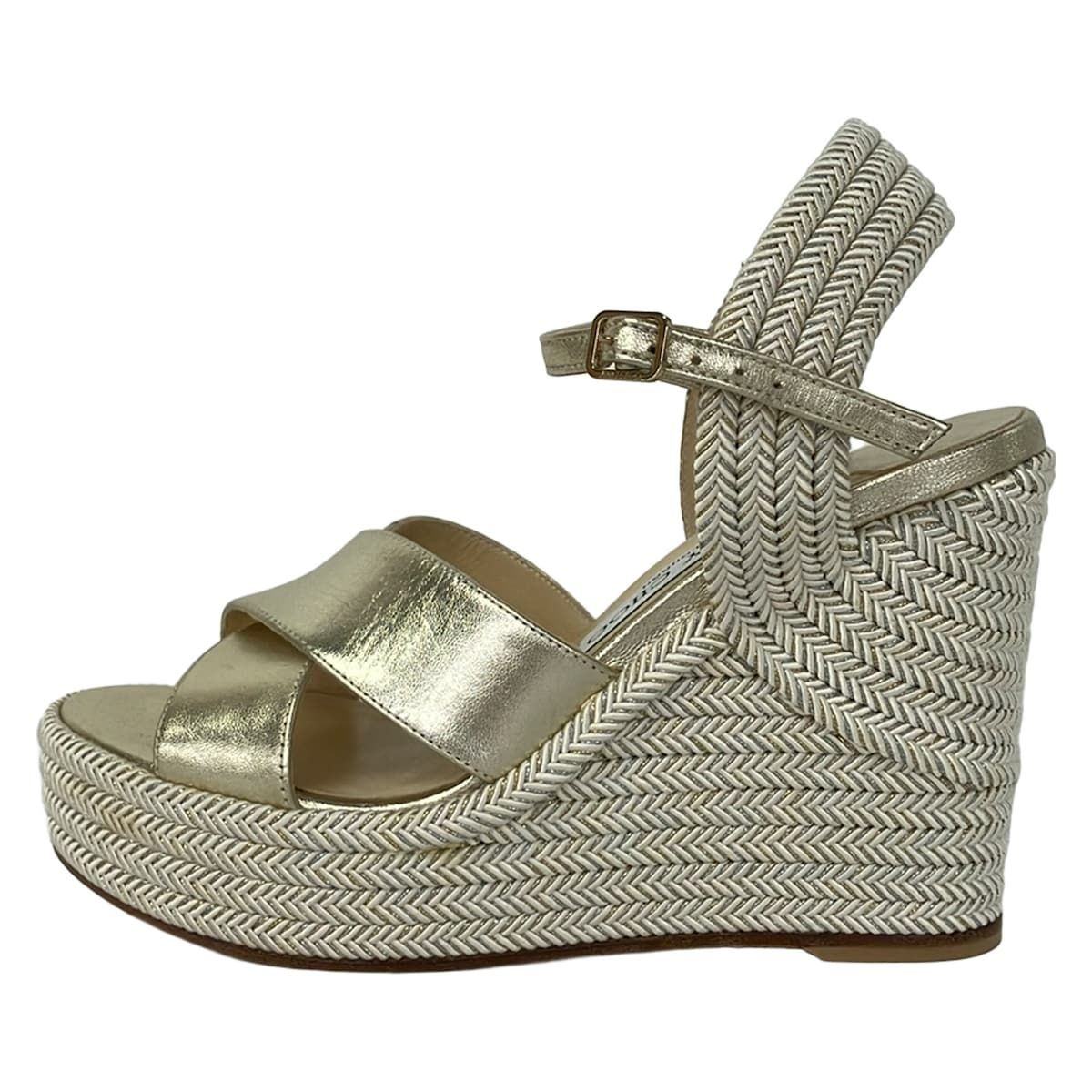 JIMMY CHOO(ジミーチュウ) サンダル 35 レディース - ゴールド×アイボリー ラメ/ウェッジソール レザー