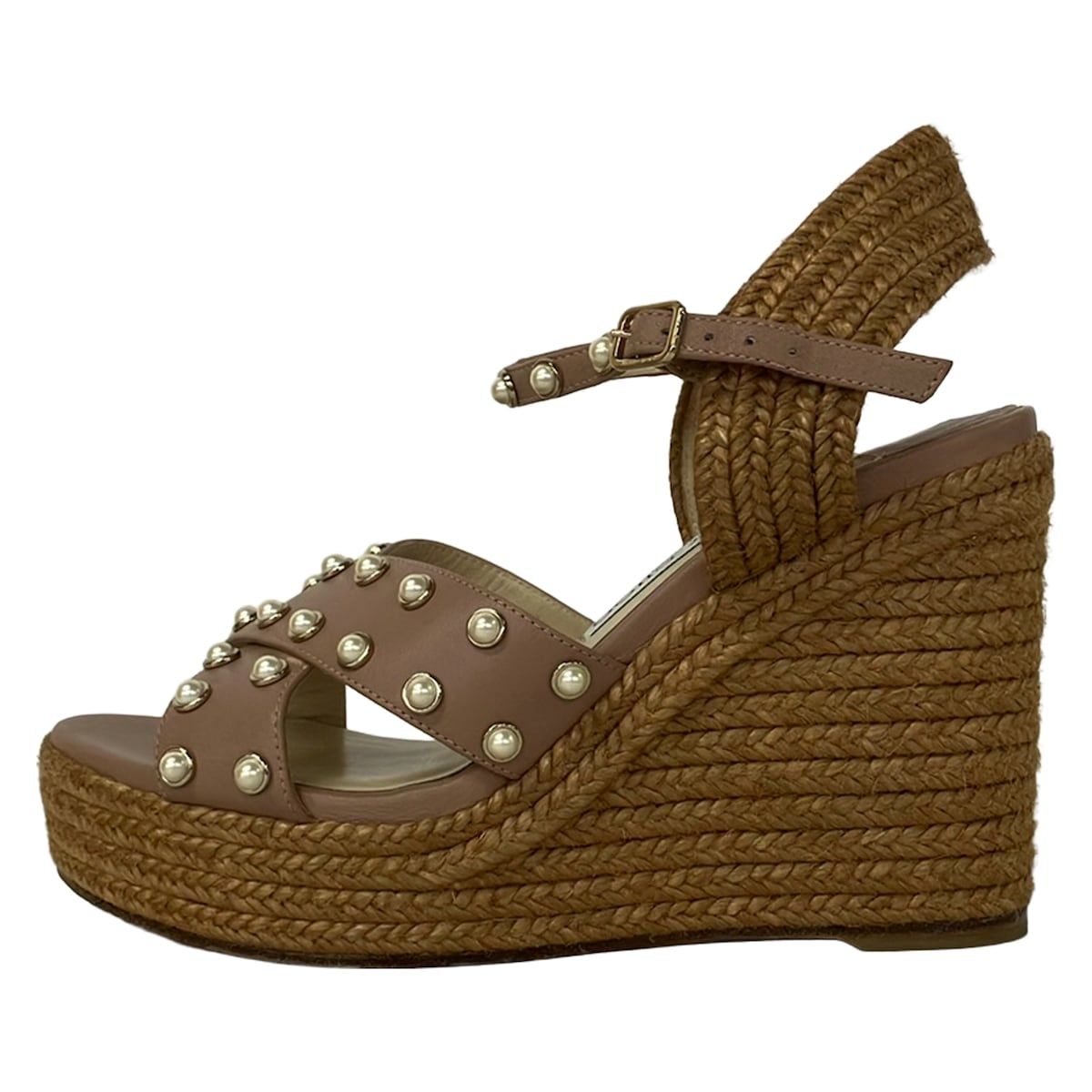 JIMMY CHOO(ジミーチュウ) サンダル 36 レディース - ピンクベージュ×ベージュ フェイクパール/ウェッジソール リネン、レザー