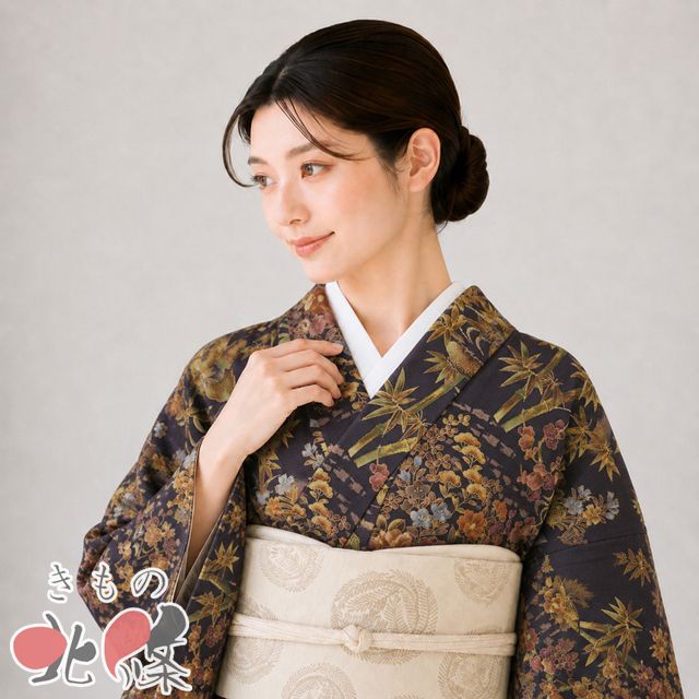 特選 小紋 着物 中古 正絹 袷 カジュアル 柿しぶ染 流水に花模様 松竹梅 反端付き 焦茶色 多色 身丈159cm 裄67cm M きもの北條 A1361-2