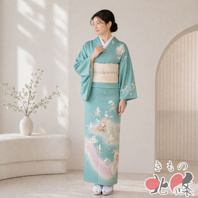 特選 訪問着 着物 中古 正絹 袷 フォーマル 金駒刺繍 花の図 青磁色 多色 身丈168cm 裄70cm L トール きもの北條 A1361-3