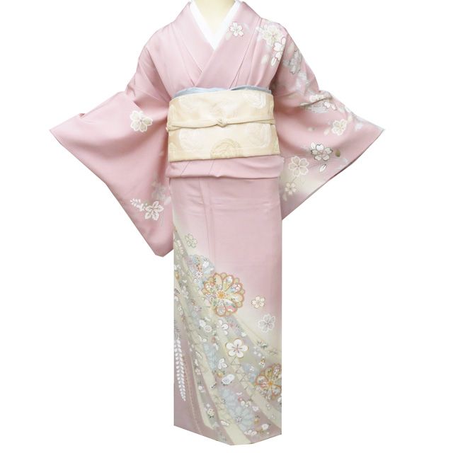 訪問着 着物 中古 正絹 袷 フォーマル 金駒刺繍 花の図 束ね熨斗 御所