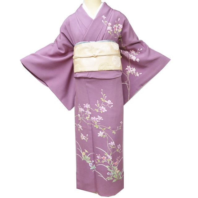 付下げ 付け下げ 訪問着 着物 中古 正絹 袷 フォーマル 花の図 京藤色
