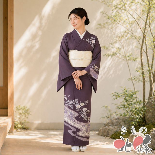 訪問着 着物 中古 正絹 袷 フォーマル 膨れ織 絞り染め 花の図 紫鳶色 多色 身丈164.5cm 裄66cm L きもの北條 A1361-8