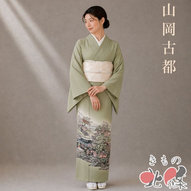 色留袖 着物 中古 正絹 袷 紋付 一つ紋 古都染人 山岡古都 落款 平安風景 柳茶色 多色 身丈160.5cm 裄64.5cm M きもの北條 A1361-9