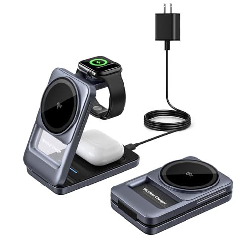 HOUOA Qi2 ワイヤレス充電器 3in1 Magsafe充電器 折り畳み式【Qi2 PSE 公式認証】15W超低温 マグネット式 マグセーフ充電器 同時に3つのデバイス充電 iPhone/Apple Watch/Air/podsに対応 7b3191d3