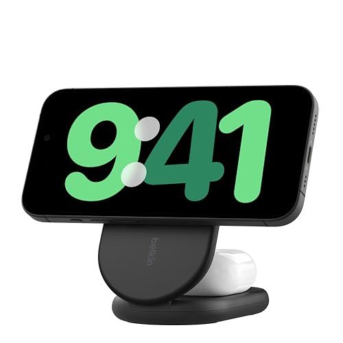 Belkin 2 in 1 ワイヤレス充電スタンド Qi2公式認証/MagSafe対応 iPhone17,16?12/スマートフォン(最大15W高速充電) AirPods/ワイヤレス充電対応イヤホン(5W充電) iPhoneスタンバイモード対 1b3bed49