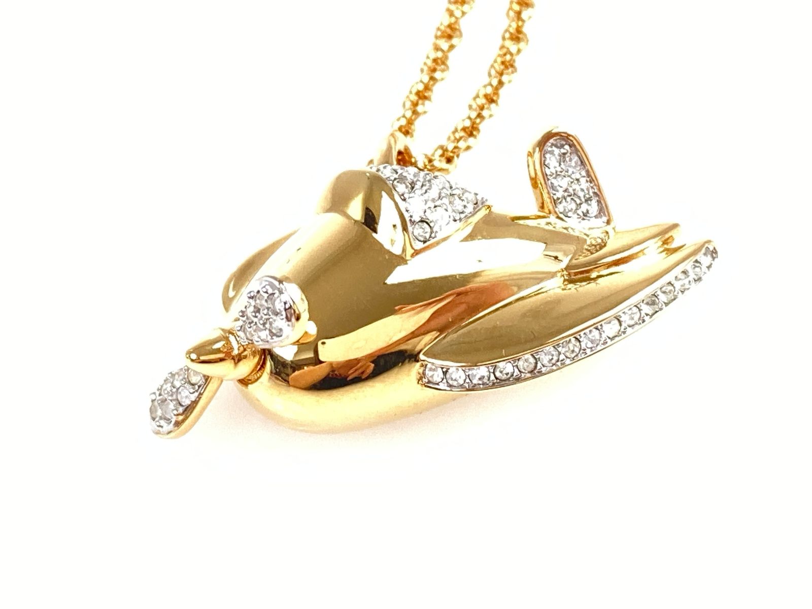 スワロフスキー　SWAROVSKI　飛行機/プロペラ機モチーフ　ラインストーン　ネックレス　ブローチ　ゴールドカラー　送料無料