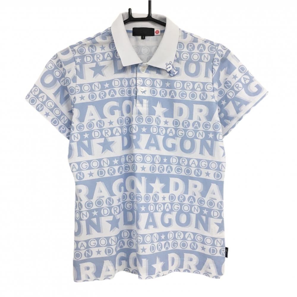 美品】ダンスウィズドラゴン 半袖ポロシャツ 白×ライトブルー ロゴ総柄