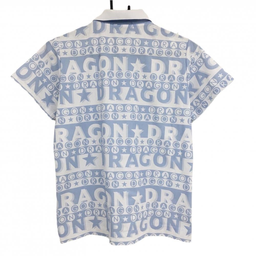 美品】ダンスウィズドラゴン 半袖ポロシャツ 白×ライトブルー ロゴ総柄