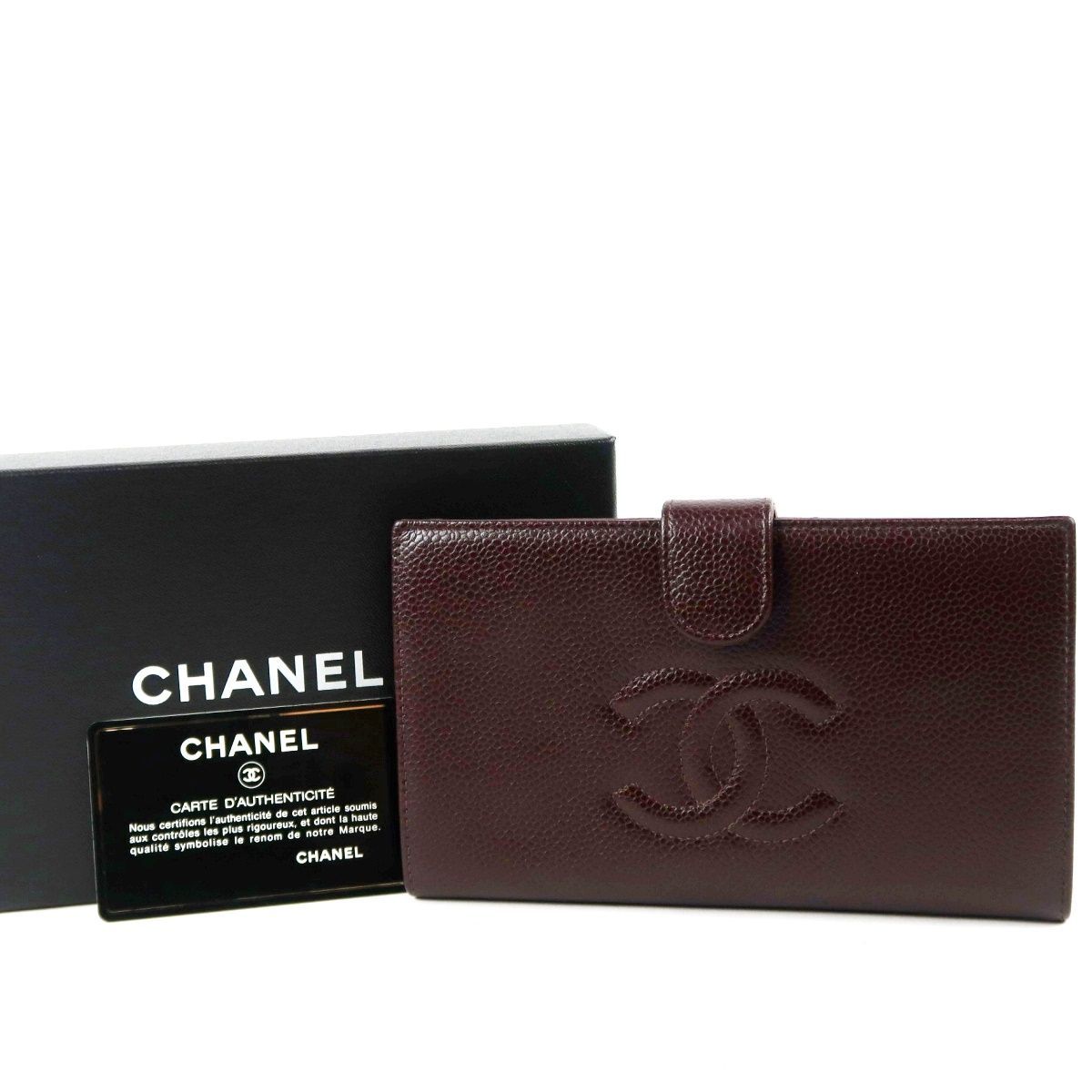 【超美品】CHANEL シャネル キャビアスキン ココマーク 二つ折り財布 ブラウン系 小物【UP70】