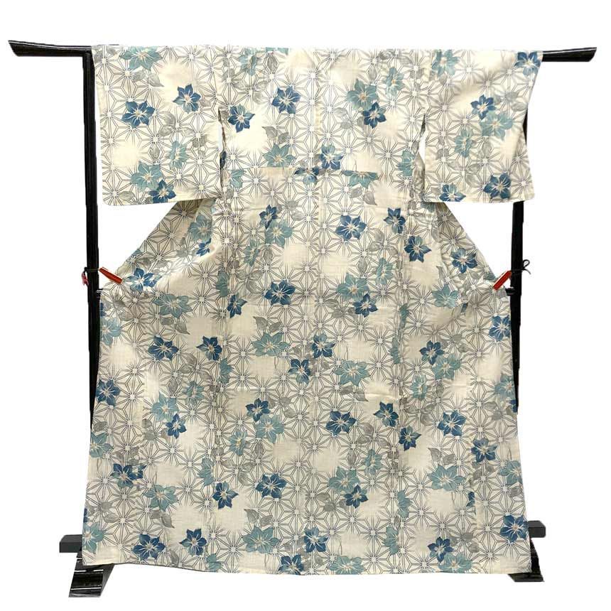 京やY007浴衣 ゆかた YUKATA 綿×麻プレタ浴衣 トールサイズ 裄長め 麻の葉 テッセン クレマチス ベージュ ブルー 仕立て上がり 美品