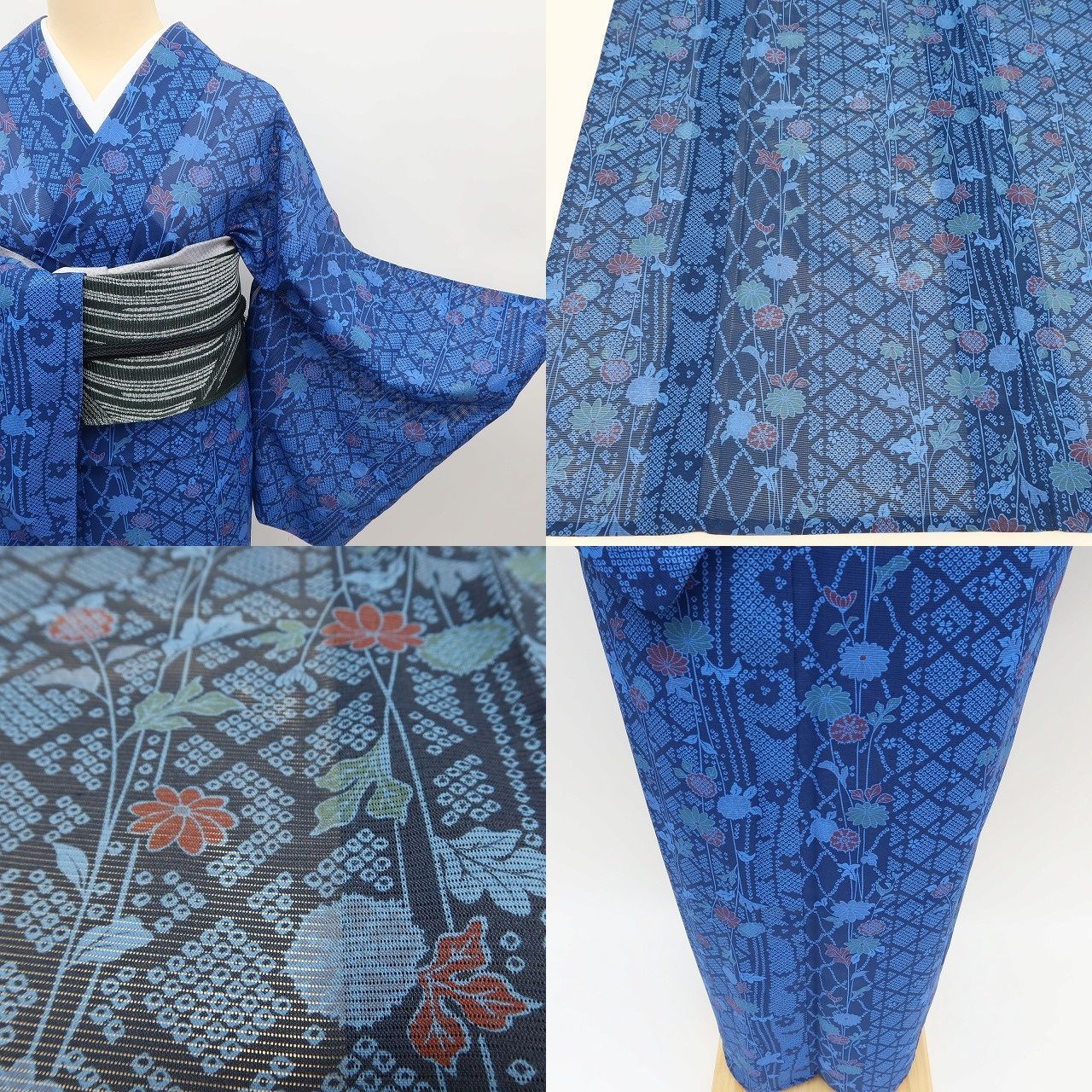 小紋　ちりめん　宝尽くし　草花　竹　菊　青海波　梅　着物　正絹　青系 ✾まめ藤✾m3107＊美品 洗える夏着物 絽 菊 梅 桜❀大漁の涼と洒落味