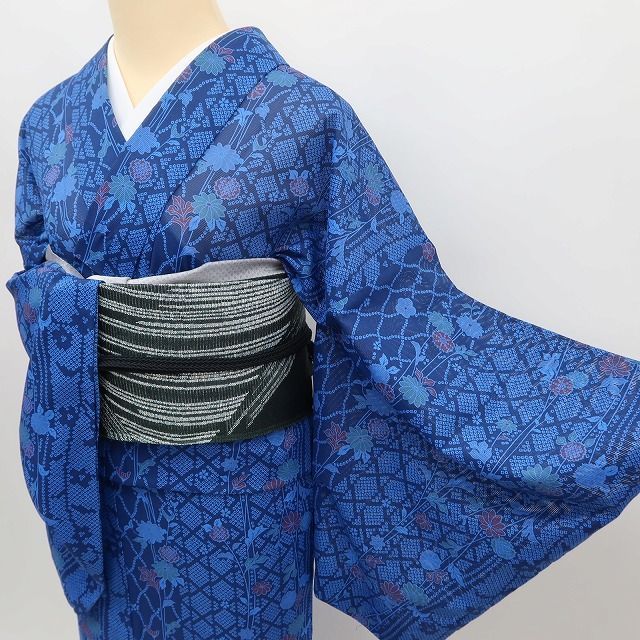 ✾まめ藤✾m3107＊美品 洗える夏着物 絽 菊 梅 桜❀大漁の涼と洒落味