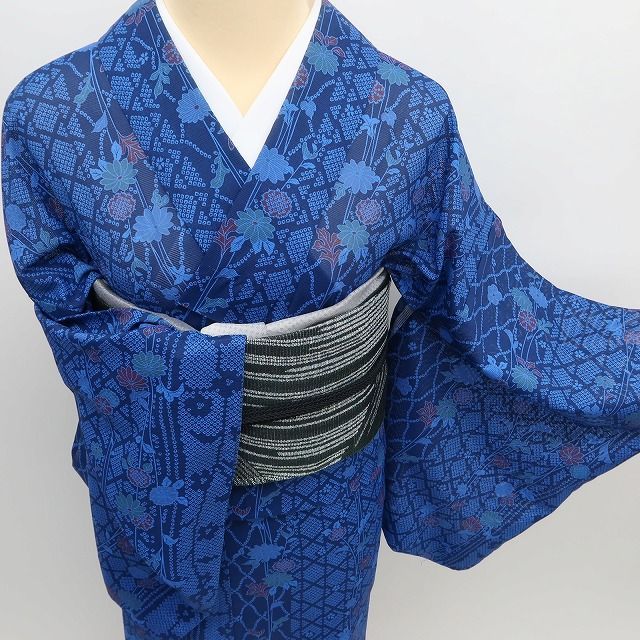 ✾まめ藤✾m3107＊美品 洗える夏着物 絽 菊 梅 桜❀大漁の涼と洒落味