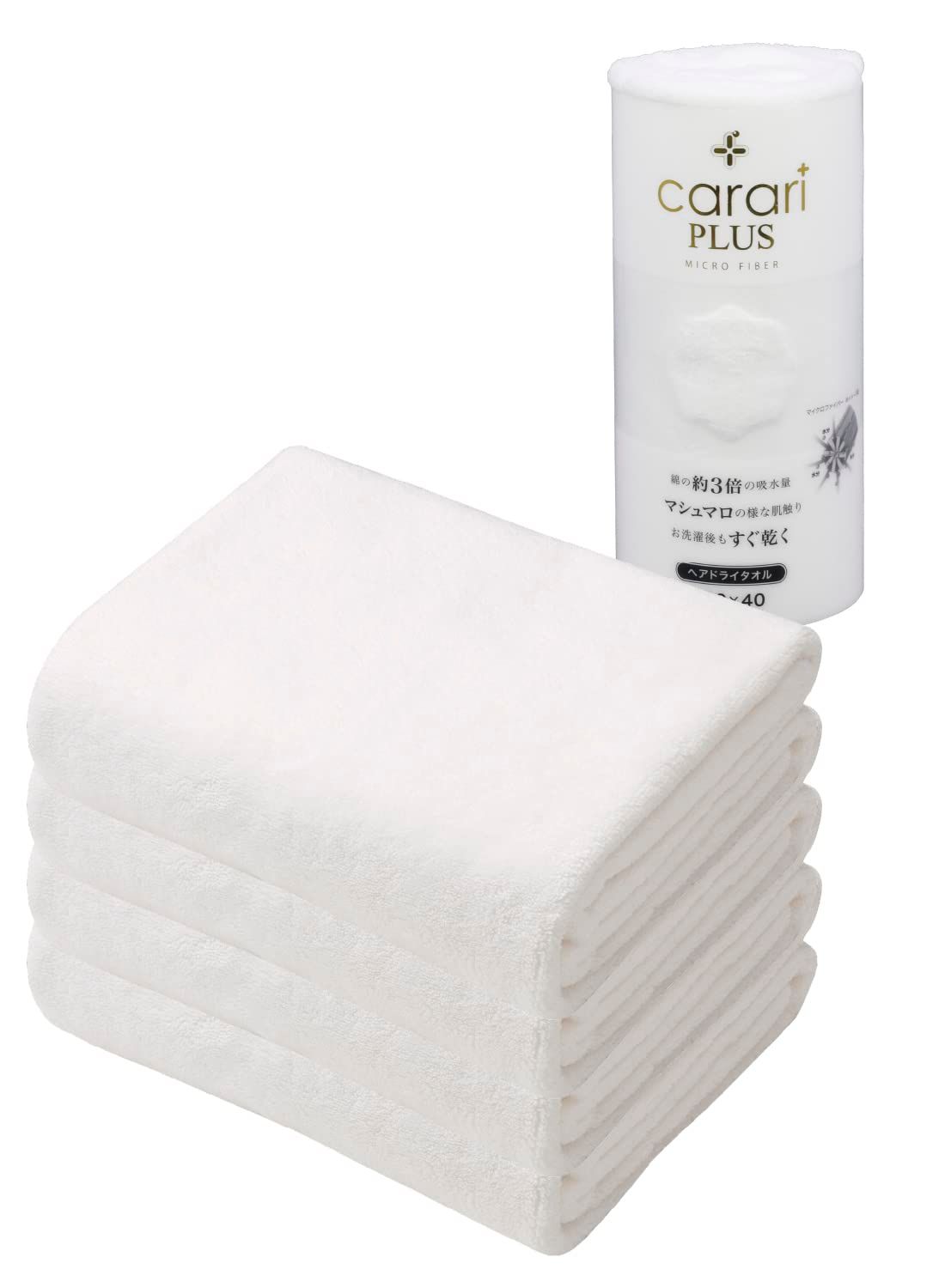 carari(カラリ) ヘアドライタオル 吸水力[3.3倍]のマイクロファイバー PLUS ホワイト 4枚組 繊維の隙間に素早く吸水 速乾 マシュマロ肌触り ふわふわもちもち 40×100cm シービージャパン カラリプラスt