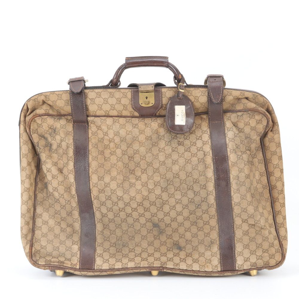 グッチ GGキャンバス レザー ボストン バッグ 出張 旅行 トート キャリー 本革 ブラウン 茶色 メンズ レディース UMM EB1-1【中古】