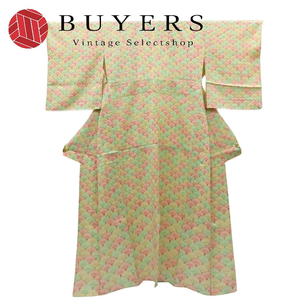 【中古】 小紋 単衣 正絹 マルチカラー グリーン レッド 和装 呉服 和服 きもの レディース 女性