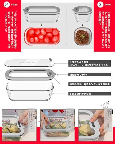 耐熱ガラス 保存容器 3点セット（240ml×2、560ml×1） - 電子レンジ・オーブン・冷凍対応 シリコン蓋 密閉容器 弁当箱セット（弁当袋+食器+清潔ブラシ付き） 離乳食 作り置き 液漏れ防止 グレー★ 1fec6293