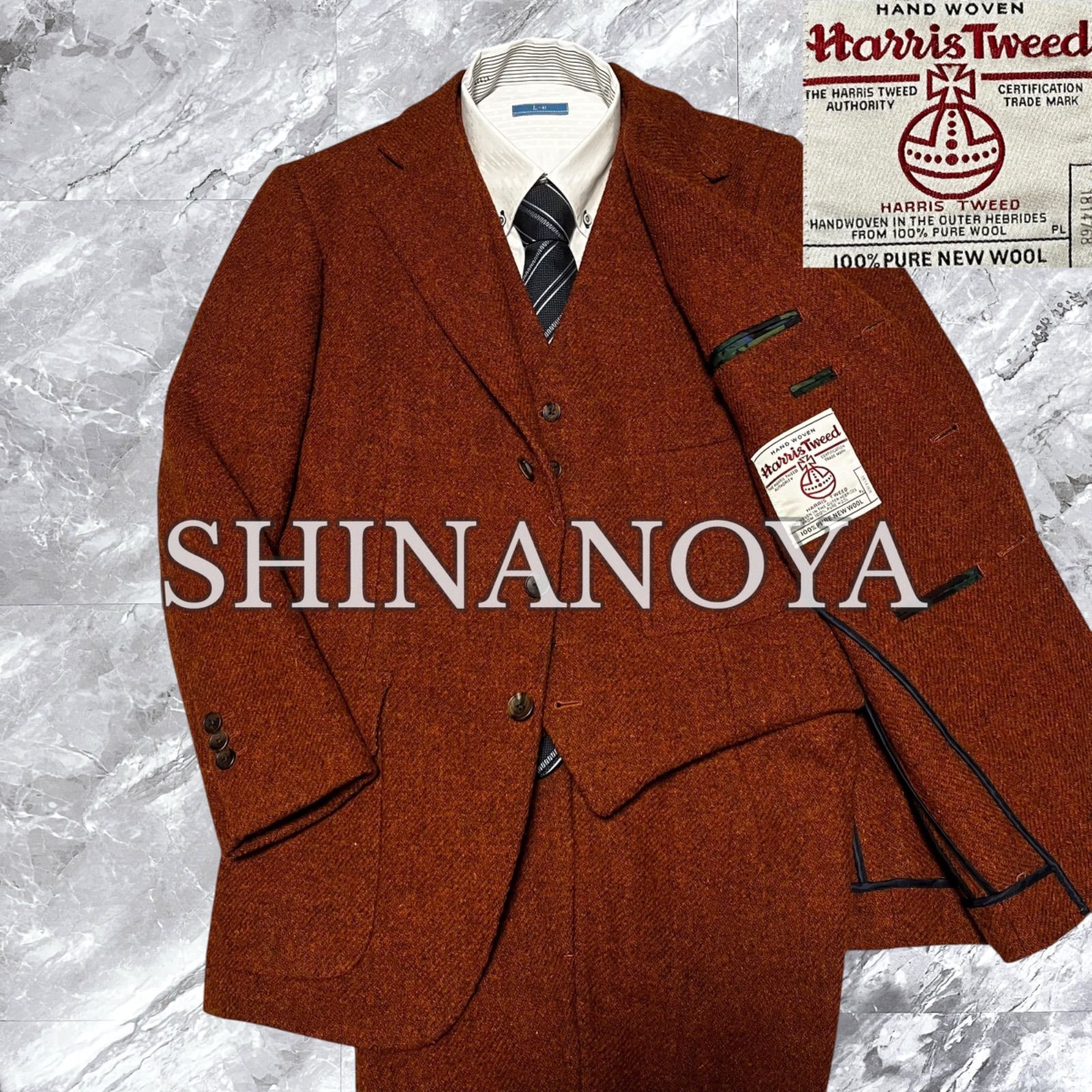 極美品 信濃屋 SHINANOYA シナノヤ Harris Tweed ハリスツイード 3ピース セットアップ スーツ 3点セット ウール 段返り 3B 背抜き 本切羽 オレンジ系 サイズM相当