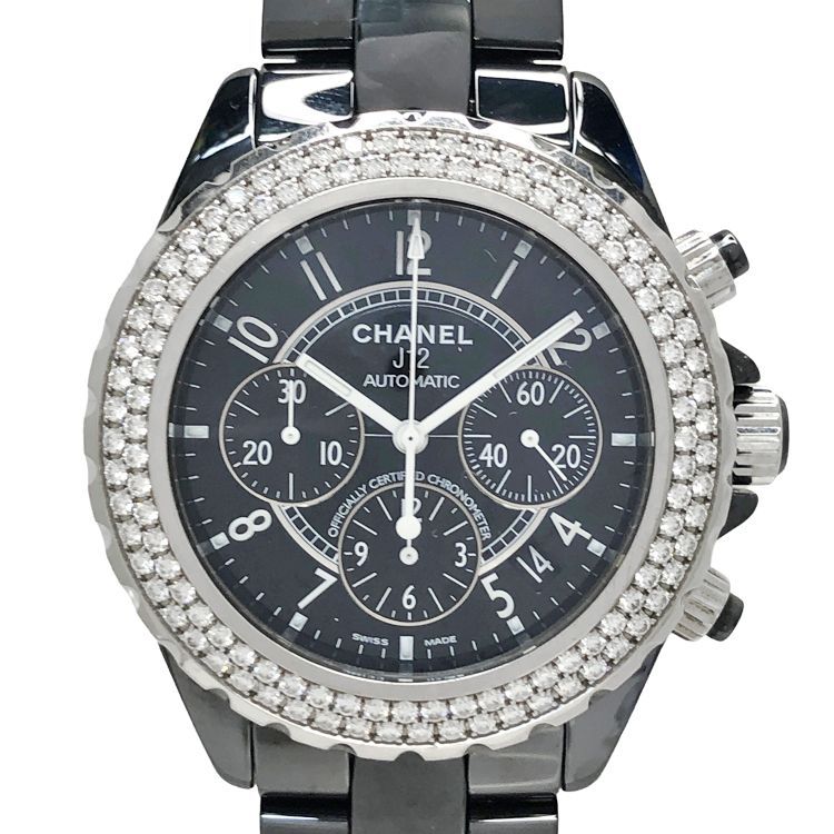 CHANEL シャネル J12 クロノグラフ 41mm H1009 2重ベゼル ダイヤモンド ラウンド型 3針時計 オートマ AT デイト表示 ブラック セラミック メンズ ウィメンズ