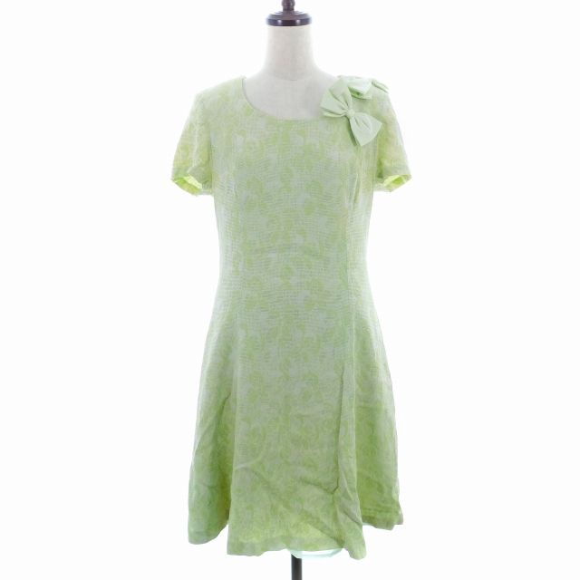 ハナエモリ HANAE MORI Boutique ワンピース ひざ丈 半袖 ラウンドネック バックファスナー リボン 総柄 9A3 緑 グリーン /AZ
