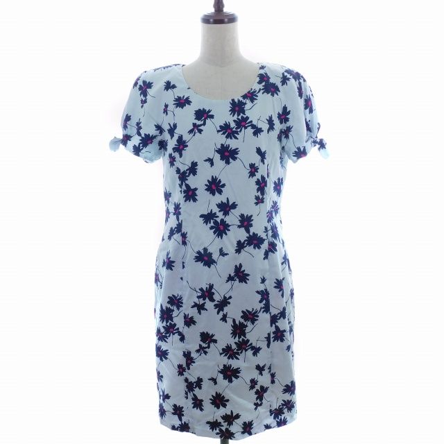 ハナエモリ HANAE MORI Boutique ワンピース ひざ丈 半袖 ラウンドネック バックファスナー コットン 花柄 9A3 白 紺 ホワイト ネイビー /AZ