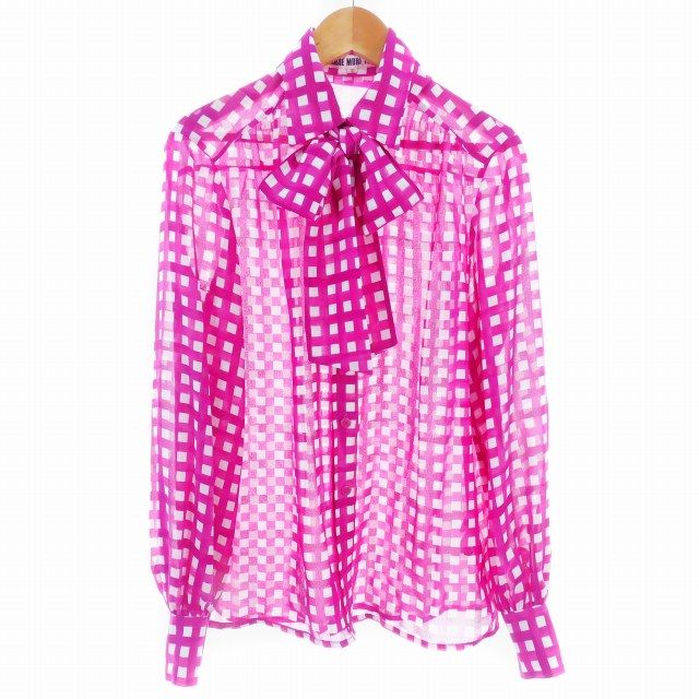 ハナエモリ HANAE MORI TOPS ボウタイブラウス カットソー 長袖 薄手 チェック 7 ピンク トップス /AZ