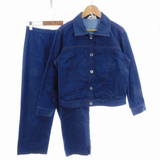 ハナエモリ HANAE MORI セットアップ 上下 ジャケット ステンカラー 長袖 パンツ テーパード クロップド デニム 無地 11A3 青 ブルー アウター ボトムス /AZ