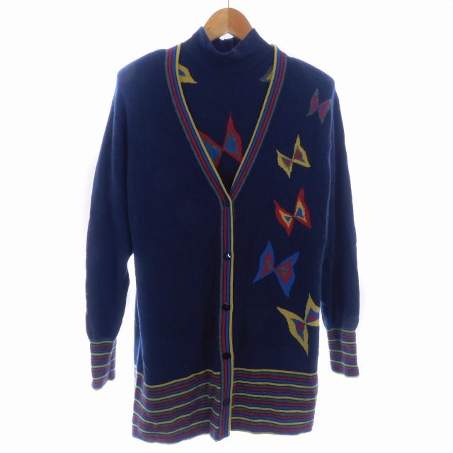 ハナエモリ HANAE MORI ニット アンサンブル カーディガン 長袖 ミドル丈 カットソー 半袖 ハイネック ウール 蝶々 総柄 M 紺 ネイビー トップス /AZ