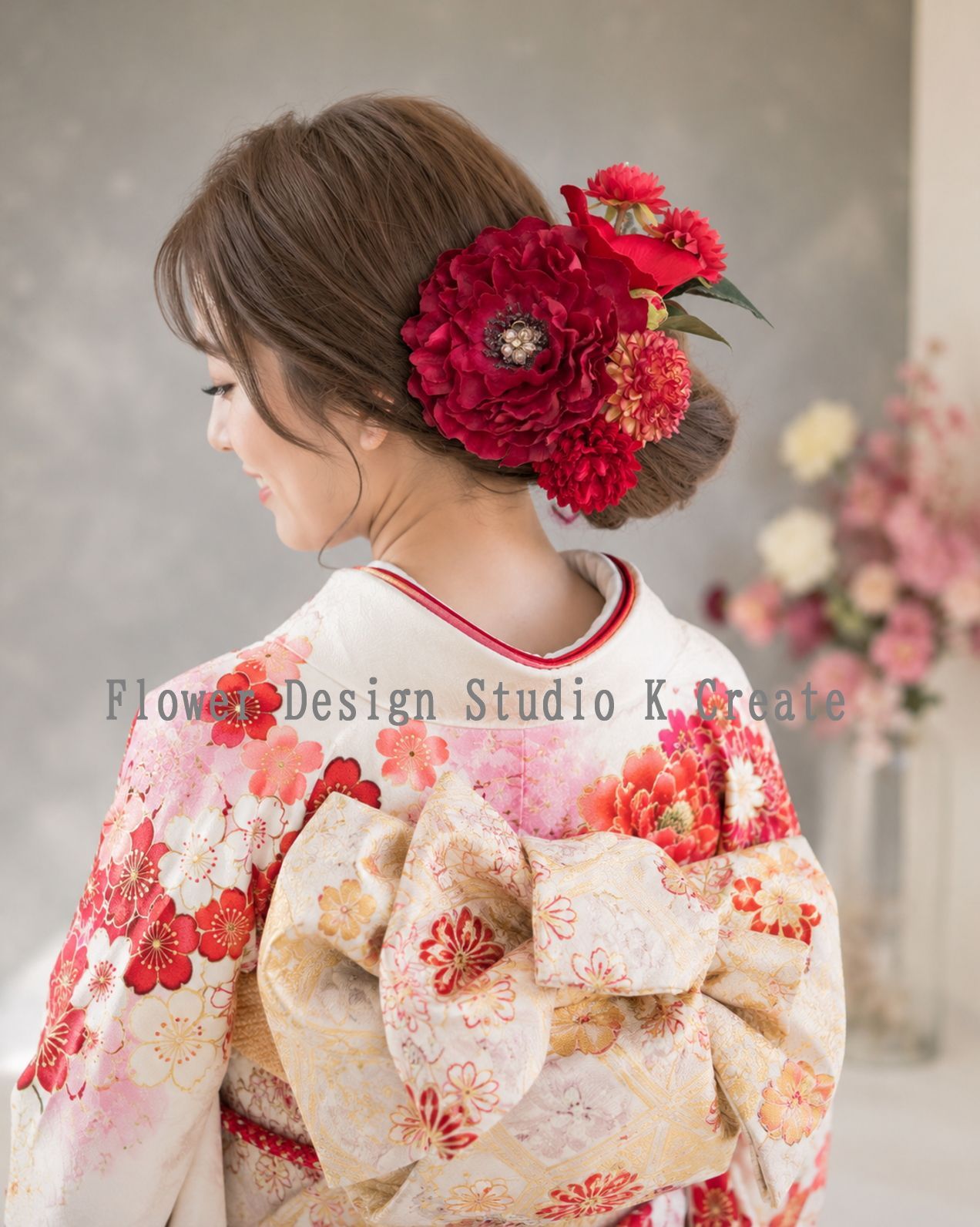 成人式・結婚式・卒業袴に♡ローズピンクのピオニーと椿のヘッドドレス　成人式　卒業式　前撮り　振袖ヘア　袴ヘア　和装ヘアアクセ　椿　袴
