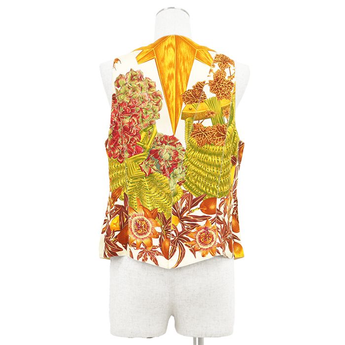 SALE【美品】HERMES エルメス ベスト ヴィンテージ 42 レディース Passiflores パッションフラワー ツイルレーヌ × リネン100% コンビネーション 切り替え ロゴボタン ジレ トップス アイボリー マルチカラー フランス製