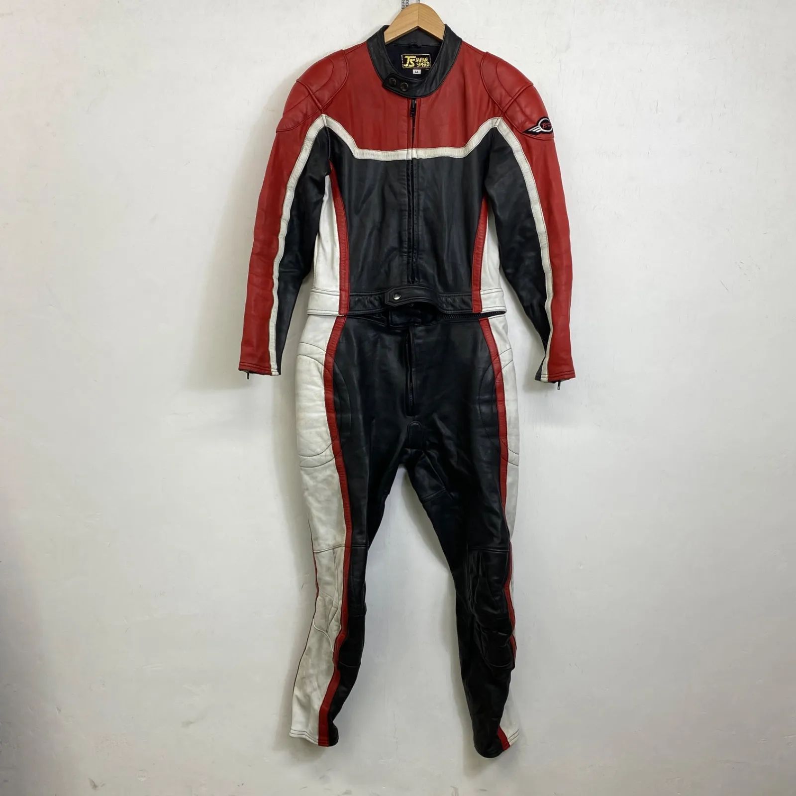 JAPAN SPEED ジャパンスピード バイク用 レザー レーシング スーツ 革 ツナギ ライダース 切替 古着 ブラック レッド LL E511