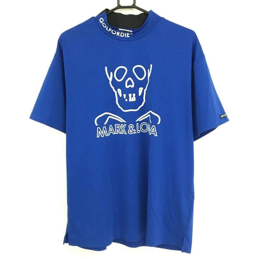 【超美品】マークアンドロナ 半袖ハイネックシャツ ブルー×白 フロントビッグスカル メンズ 50(XL) ゴルフウェア 2024年モデル MARK＆LONA
