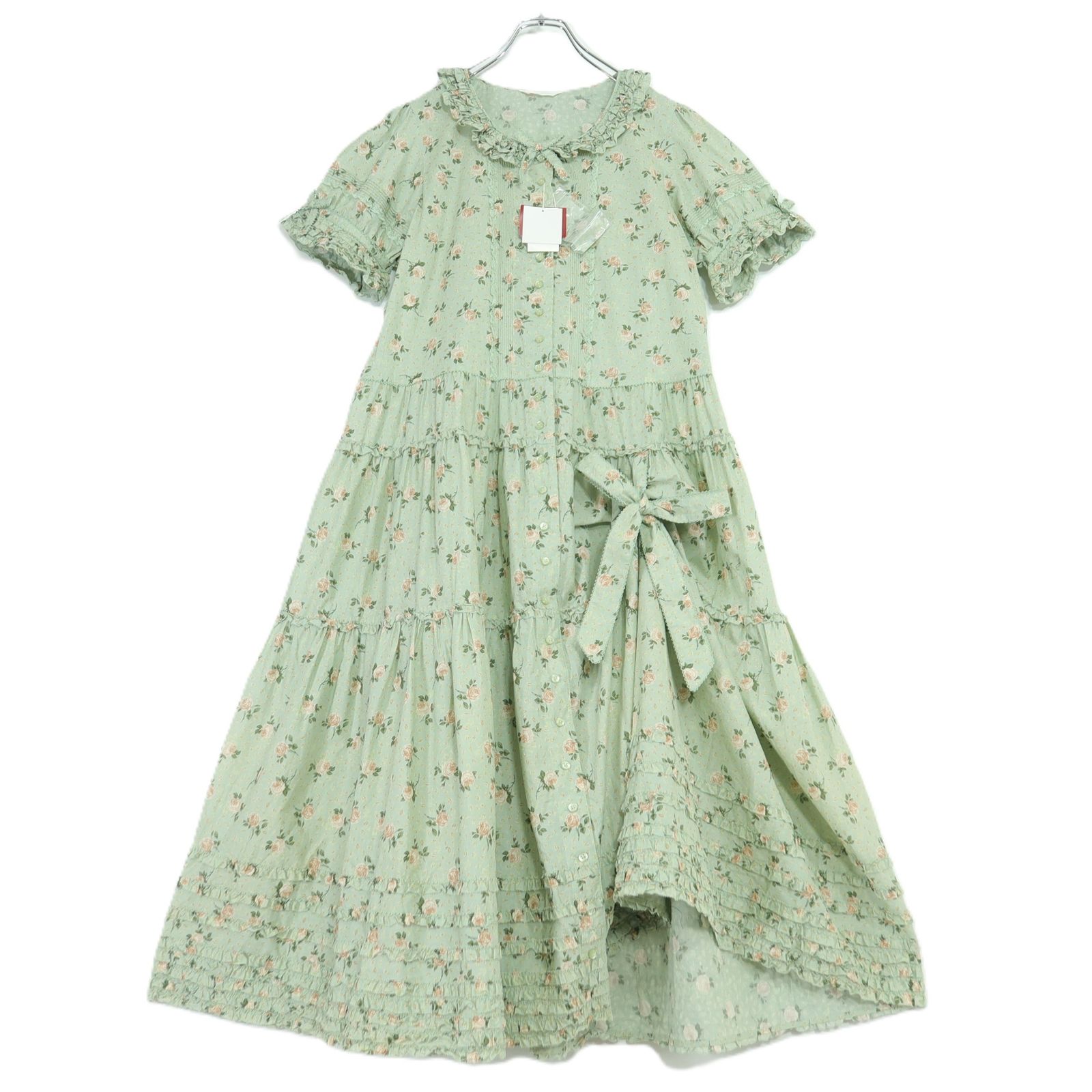 【極美品・紙タグ有】ピンクハウス★たくし上げ♪ブロッサムローズptワンピース ハッカ系 前開き 身幅お直し 残布有 z19813
