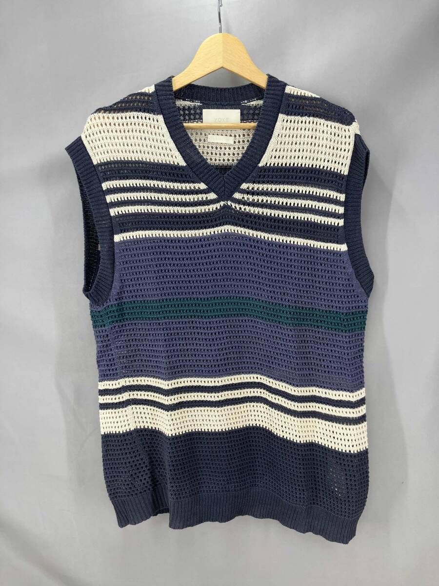 ★ YOKE ヨーク YK24SS0722S マルチボーダー メッシュニット ベスト 日本製 S ネイビー × ベージュ 夏