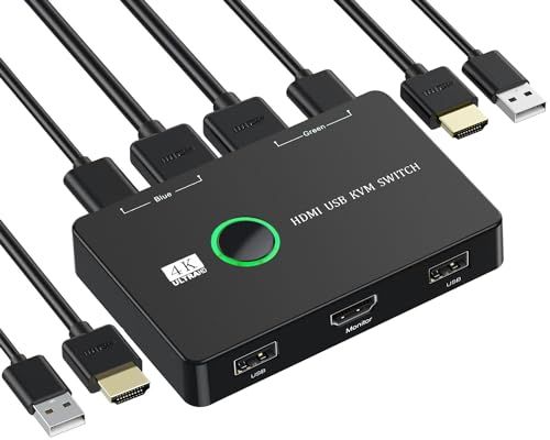 KVMスイッチ-NUIKOTI HDMI KVM切替器 2入力1出力 4K@60Hzをサポート 2台のコンピューター用のUSB スイッチ キーボードマウスプリンターと1台のHDモニターを共有 USBケーブル2本とHDMIケーブル2本付きt