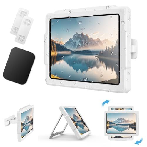 【2025版 大判強力マグネット】 MoKo タブレット防水ケース お風呂 マグネット&貼り付け＆卓上スタンド 3Way設置方法 前後伸縮・角度調整可能 360°回転 11インチまでのタブレット/スマホ兼用 壁掛け 耐水/防霧 強力粘着 高感 8b7e91ee