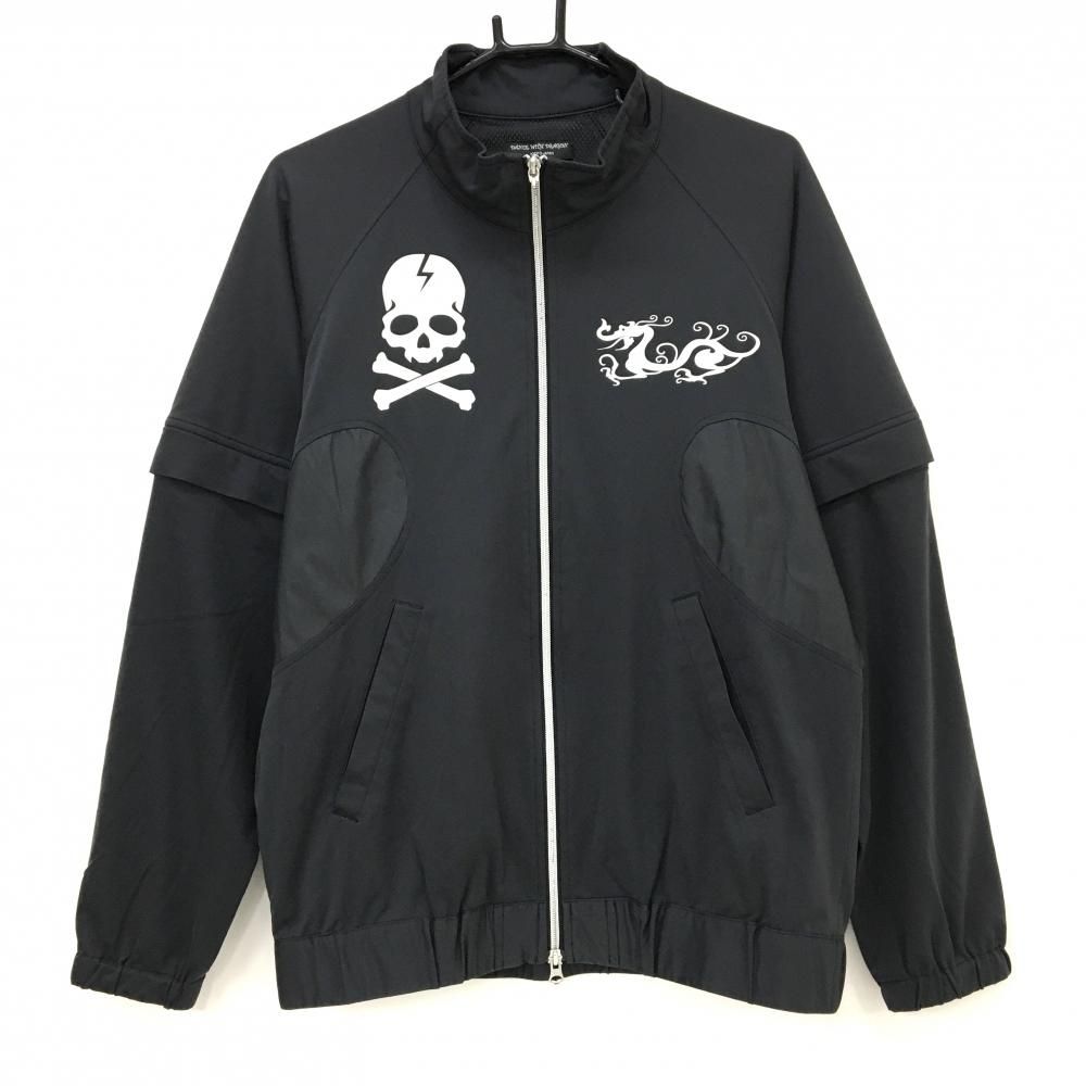 【美品】ダンスウィズドラゴン 2WAYジャケット 黒系×白 裏地メッシュ スカル 袖着脱可 メンズ 3(L) ゴルフウェア Dance With Dragon