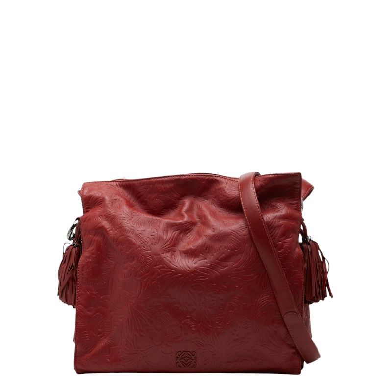 ロエベ アナグラム フラワー 花 型押し フラメンコ 斜め掛け ショルダーバッグ レッド レザー レディース LOEWE【1-0268084】