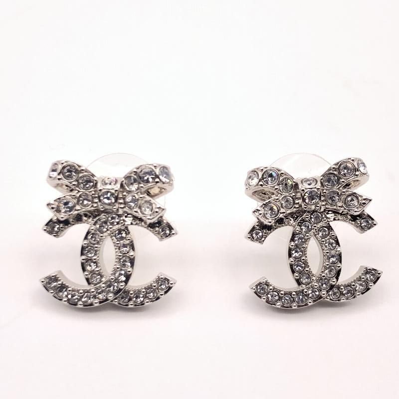【中古】CHANEL 26ss リボンラインストーン CCマークピアス 刻印B26 V　シャネル[17]
